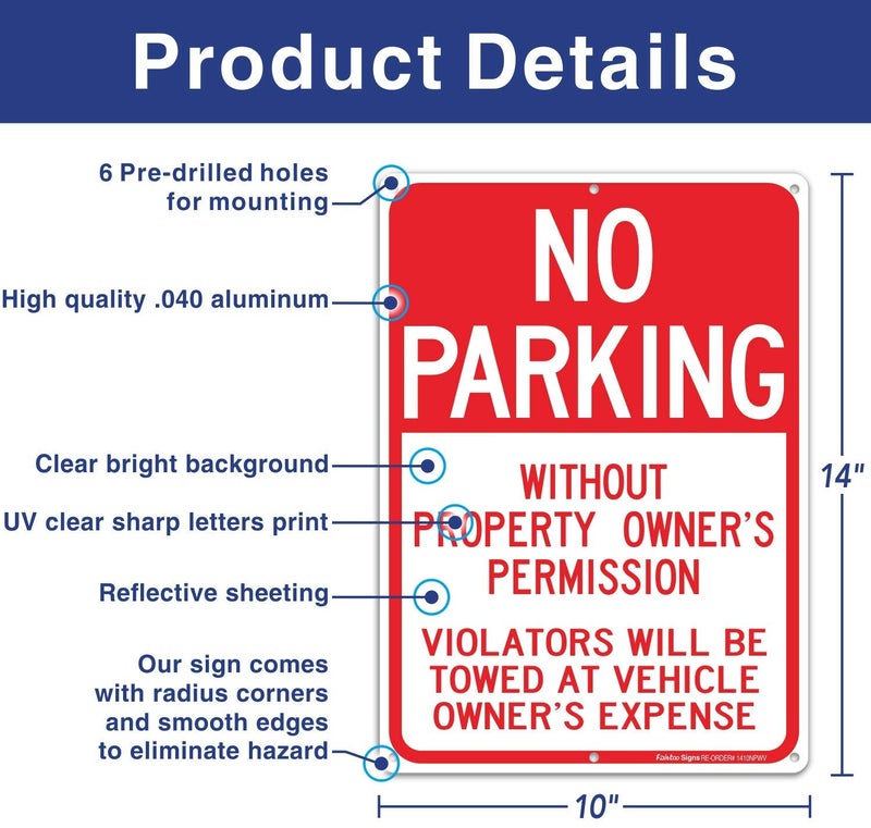 Faittoo No Parking Without Property Owner's Permission Sign, Violators Will Be Towed at Vehicle Owner's Expense (3 Pack) 14 x 10 Inches .40 Rust Free Aluminum Reflective Sign, UV Protected,Weather Resistant,W - Image 2